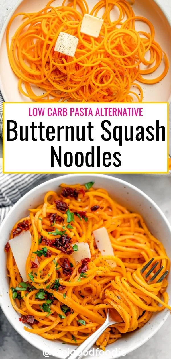 Delicious bowl of butternut squash noodles topped with fresh vegetables