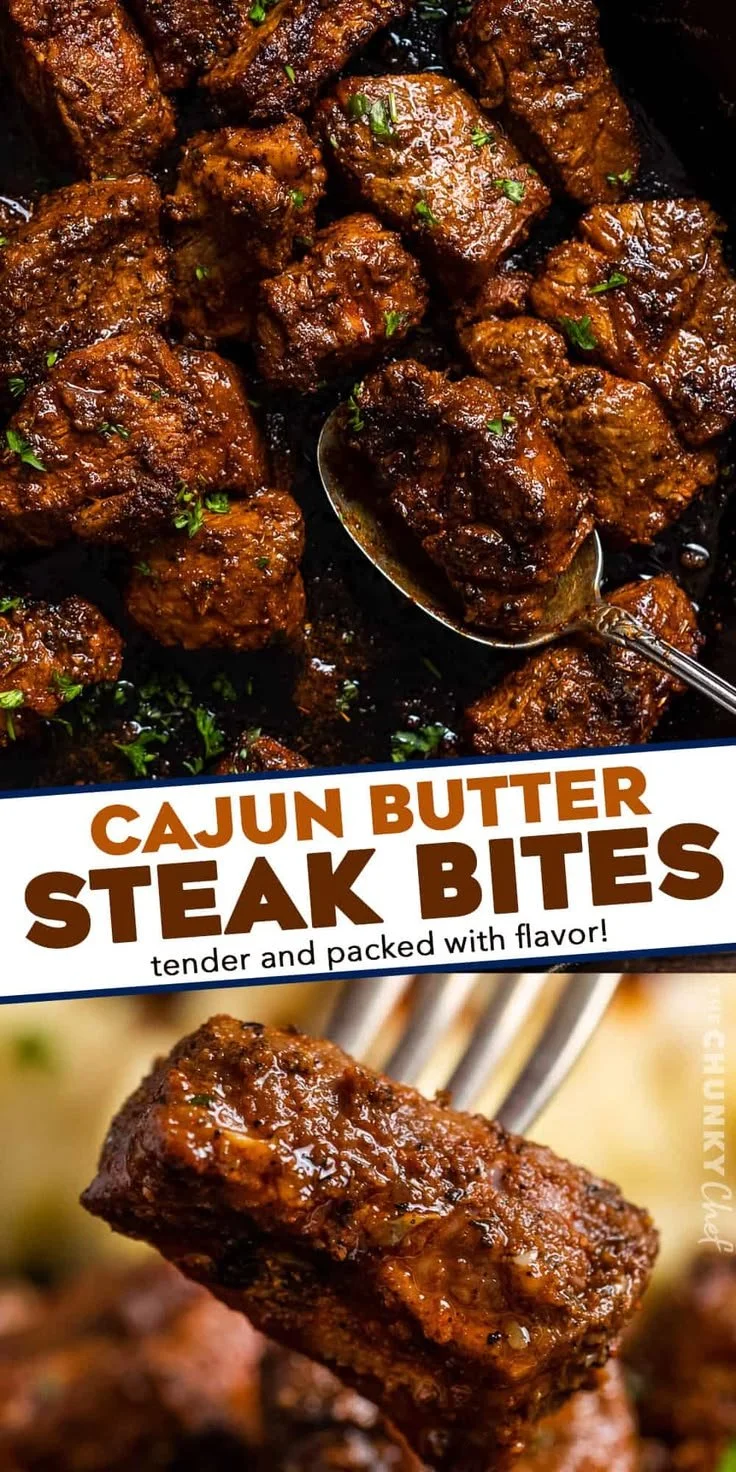 Delicious Cajun Garlic Butter Steak Bites served with veggies