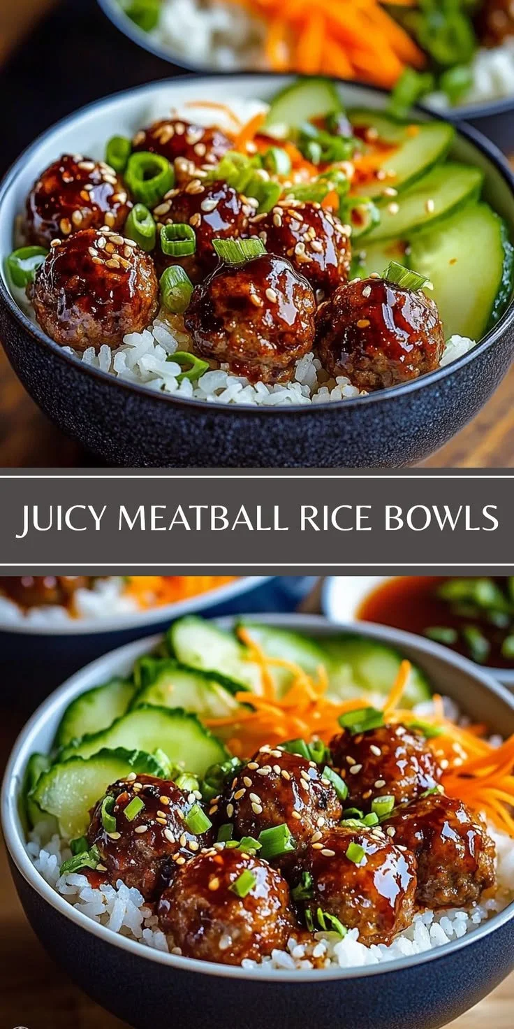 Juicy meatball rice bowls garnished with Korean spices and vegetables
