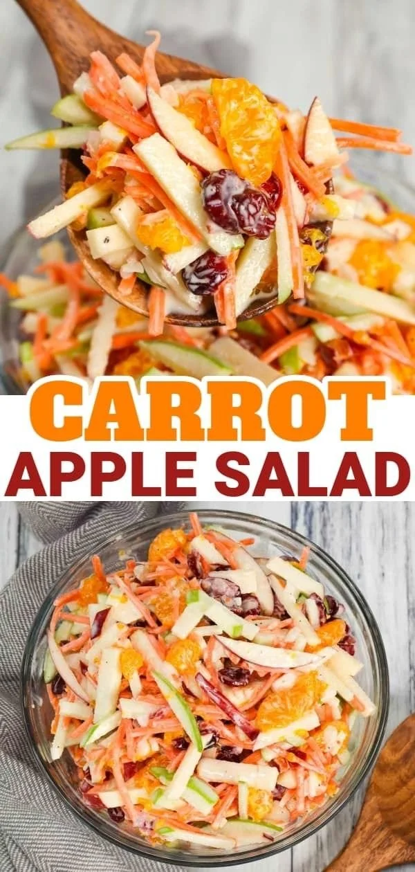 A colorful bowl of Carrot Apple Salad with sliced apples, carrots, and cranberries.