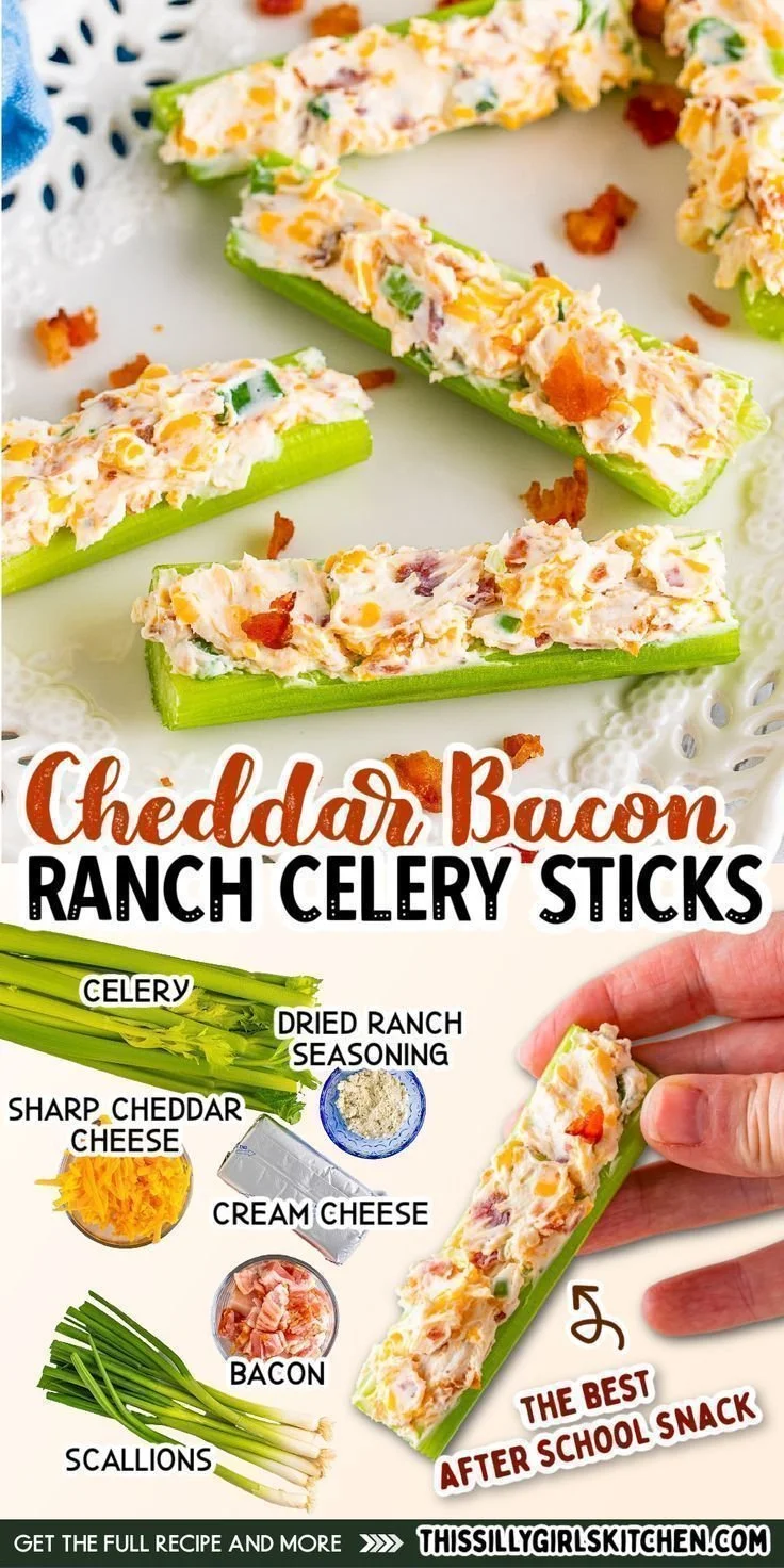 Cheddar bacon ranch stuffed celery sticks on a plate