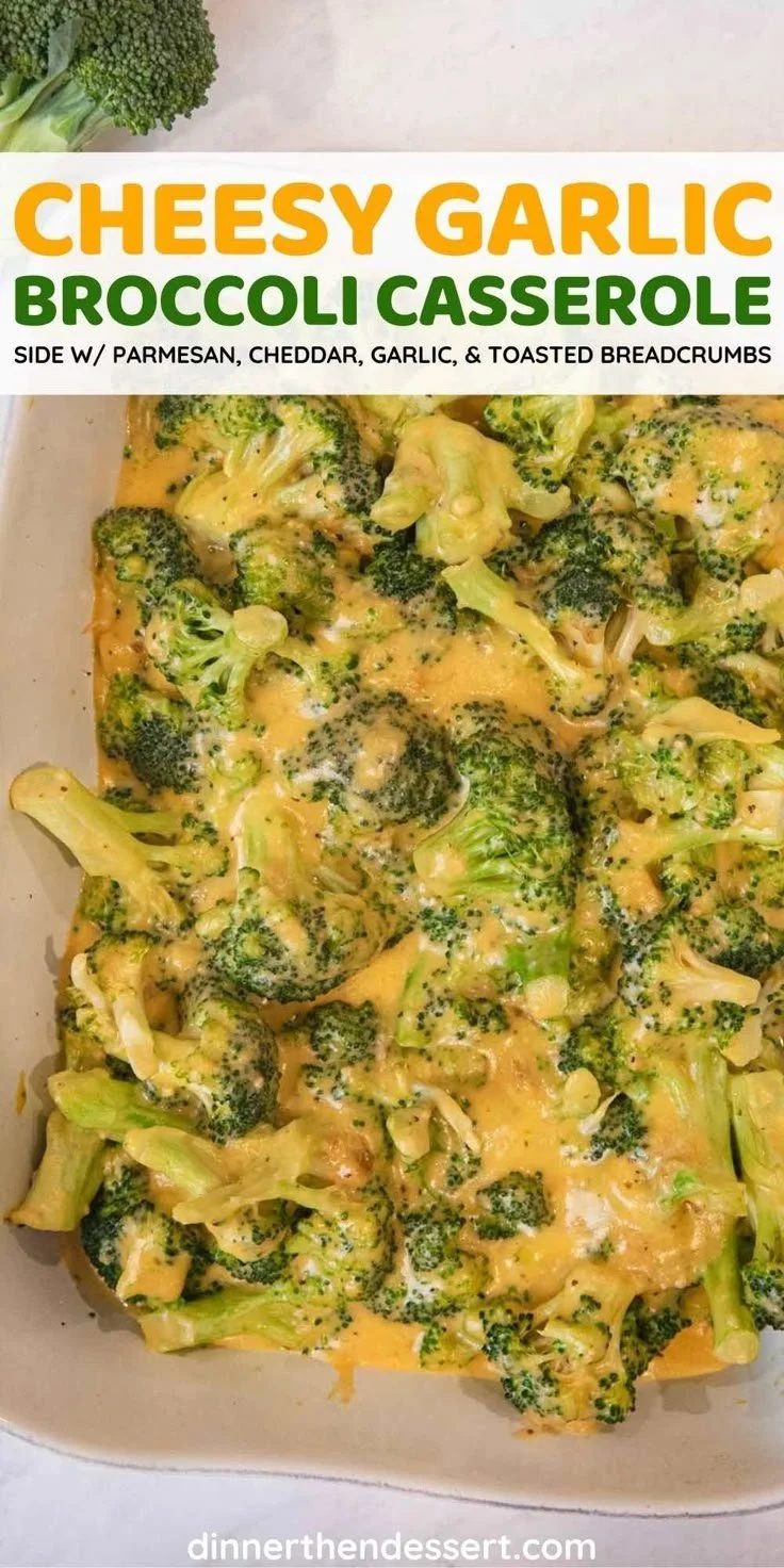 Cheesy Garlic Broccoli Casserole served in a baking dish