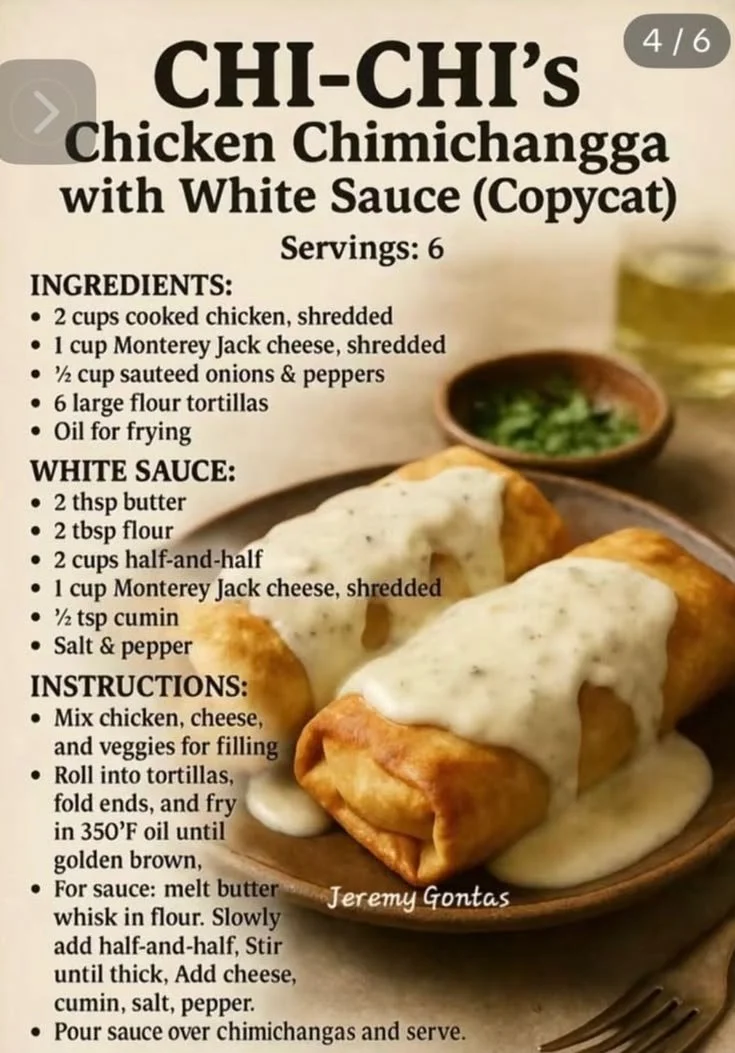 Delicious Chi Chi's chicken chimichangas topped with creamy white sauce