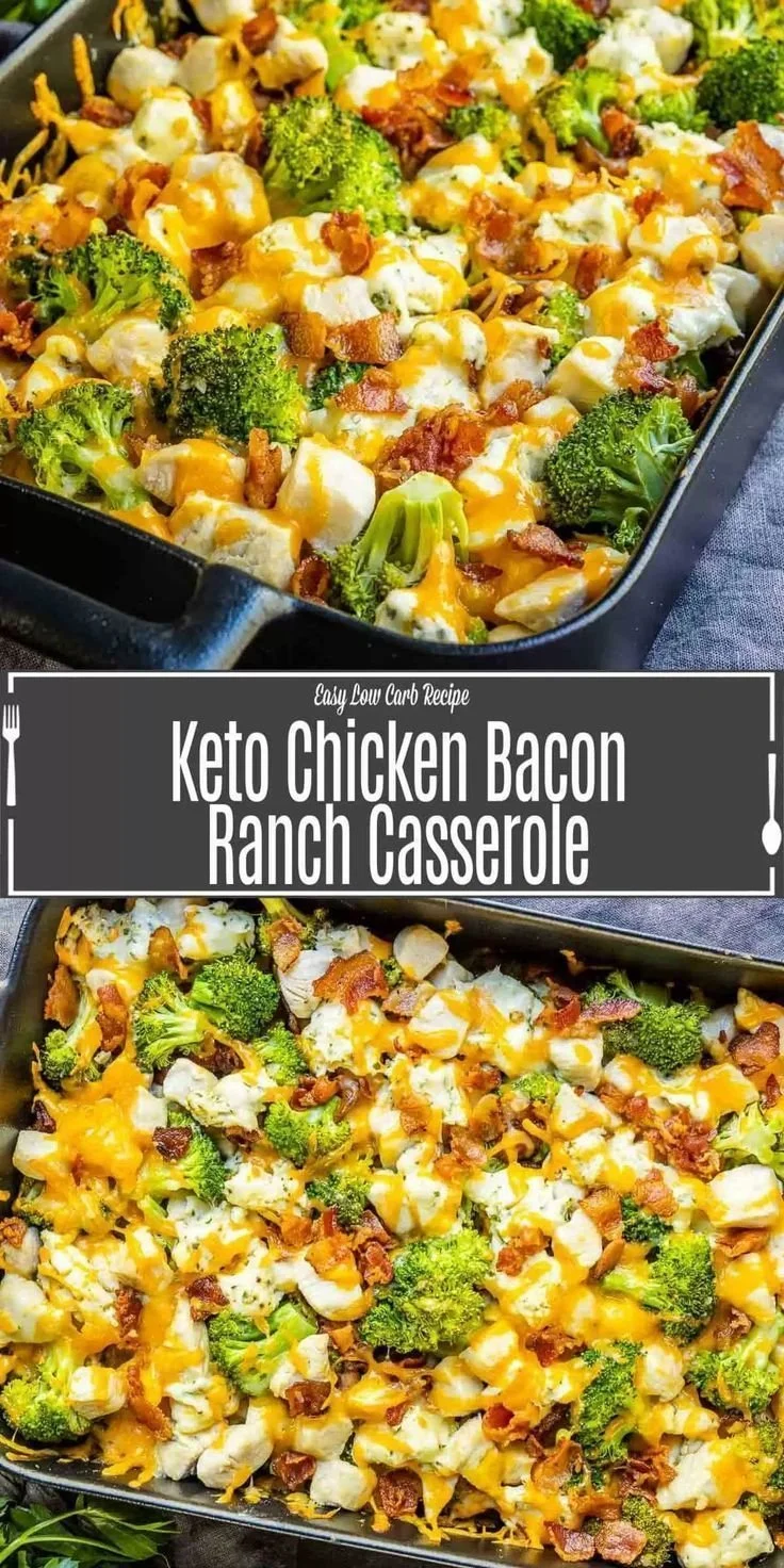 Keto Chicken Bacon Ranch Casserole topped with cheese and crispy bacon