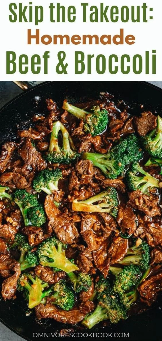Delicious Chinese beef and broccoli stir-fry with tender beef slices and fresh broccoli florets.