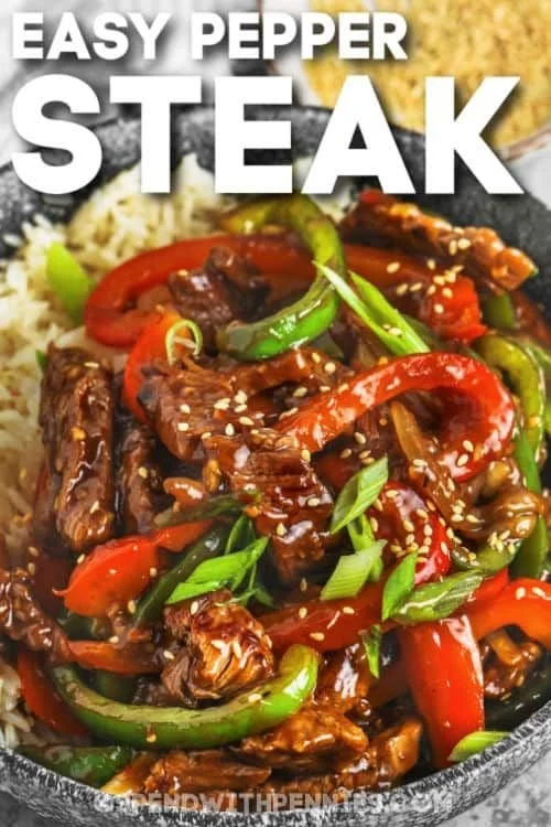 Chinese pepper steak with rice served in a bowl
