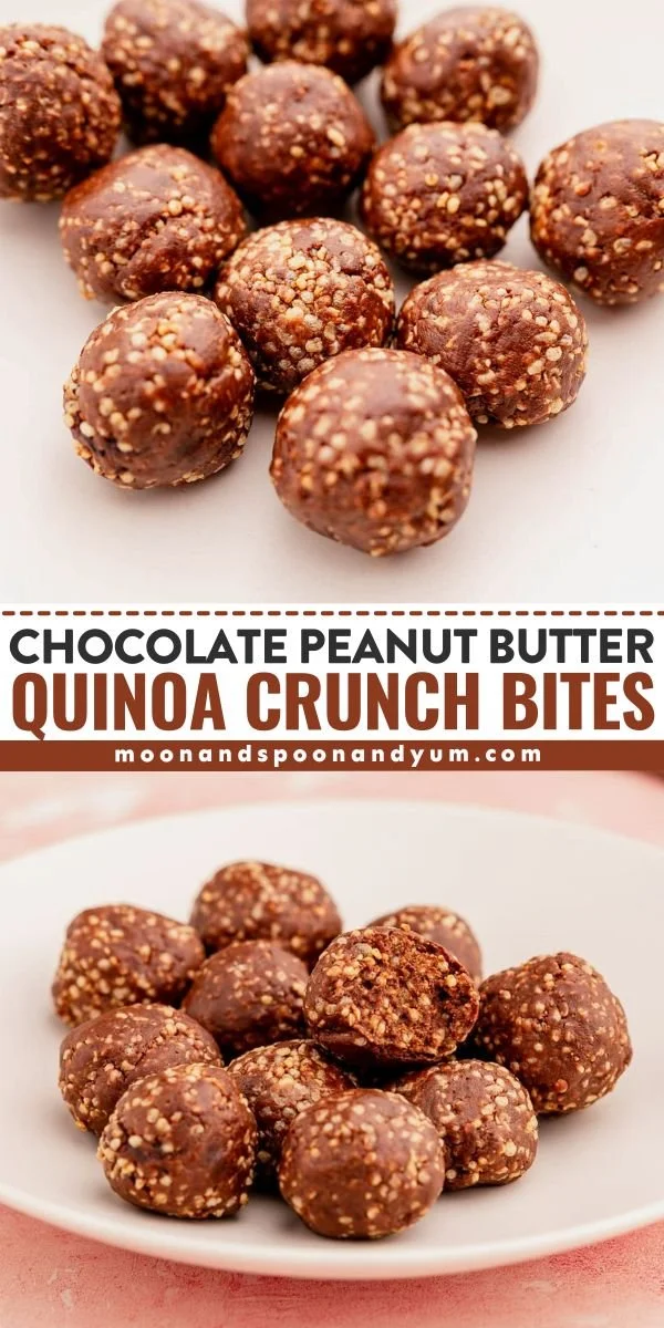 Chocolate peanut butter quinoa crunch bites, a healthy snack alternative.