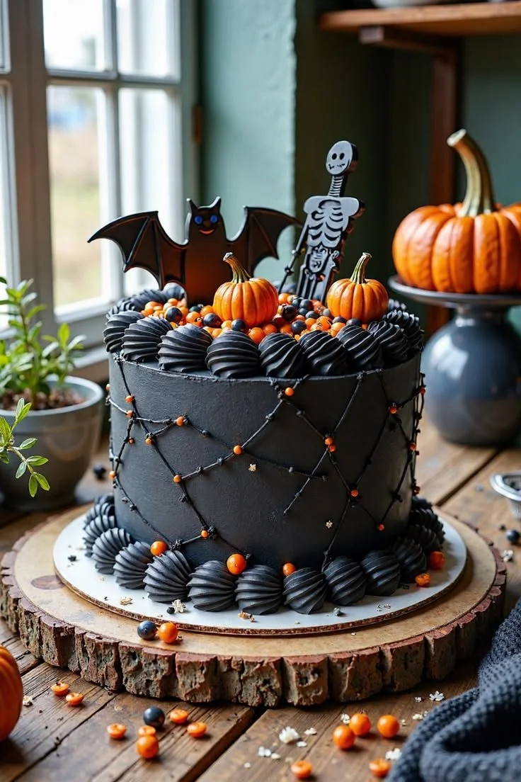 Chocolate Pumpkin Spider Web Cake decorated with a spooky spider web design