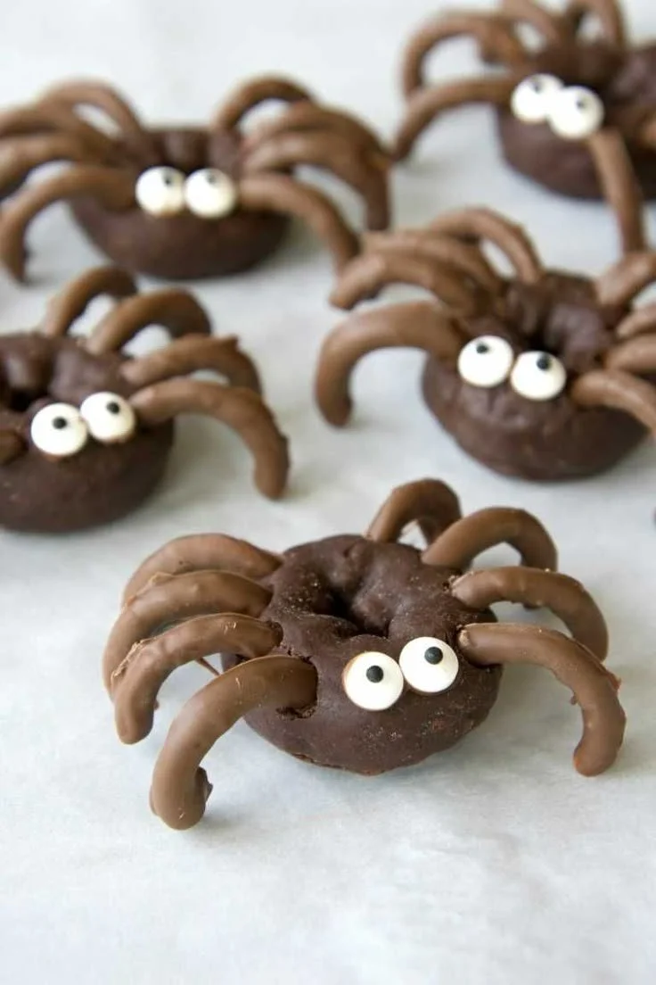 Chocolate Spider Halloween Donuts decorated for a spooky treat