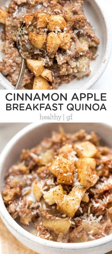 Bowl of Cinnamon Apple Quinoa topped with fresh apples and cinnamon for breakfast.