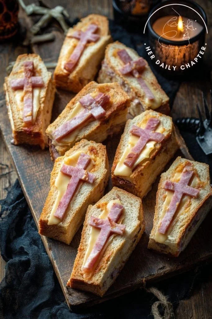 A platter of coffin-shaped sandwiches and appetizers for Halloween.