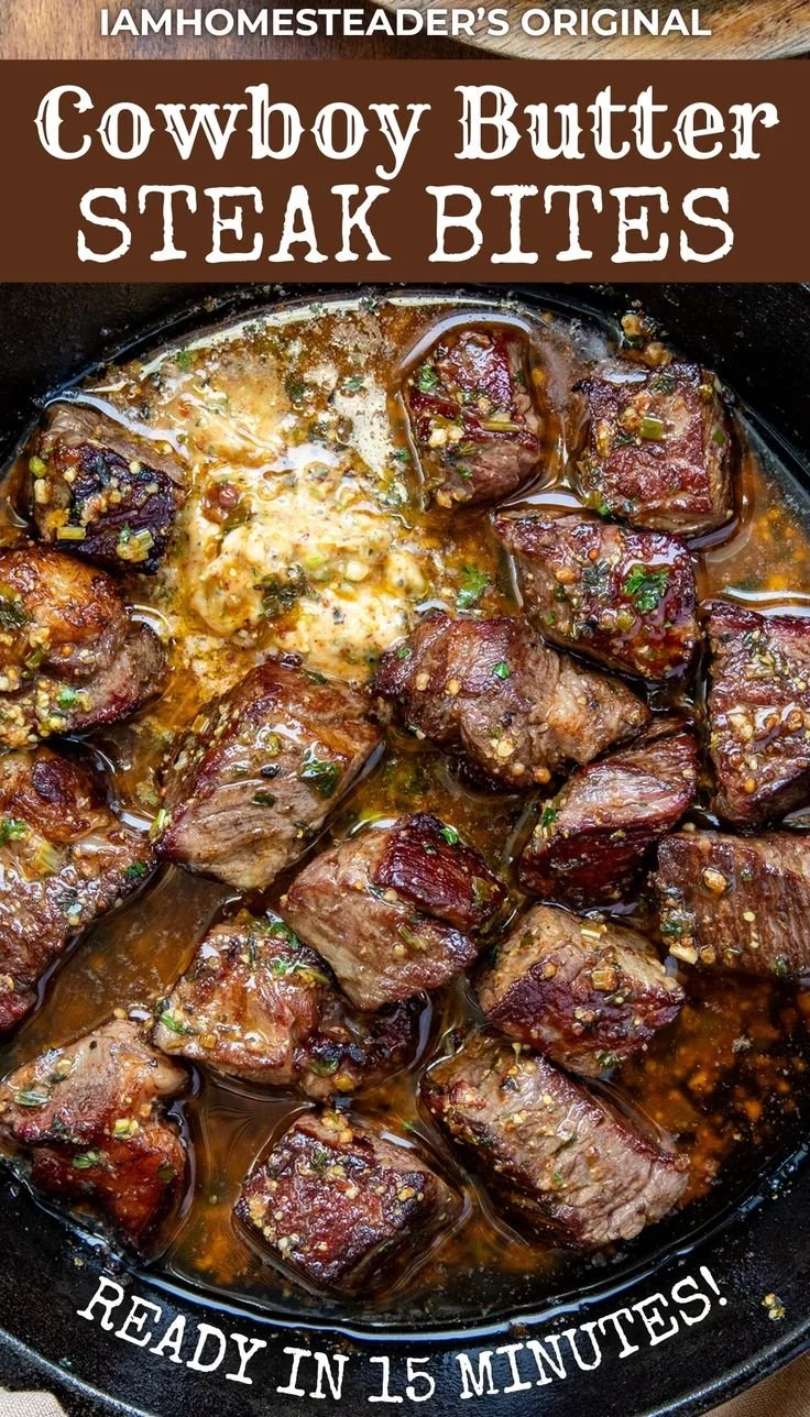 Delicious Cowboy Butter Steak Bites served with vibrant garnishes.