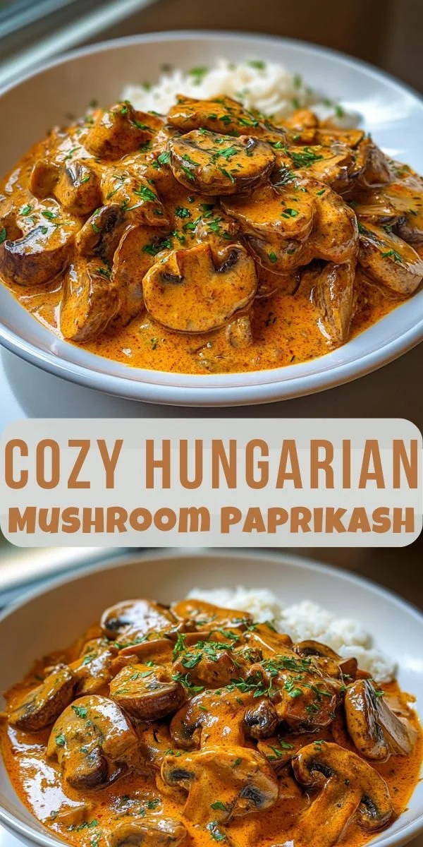 A comforting bowl of Hungarian Mushroom Paprikash topped with fresh herbs.