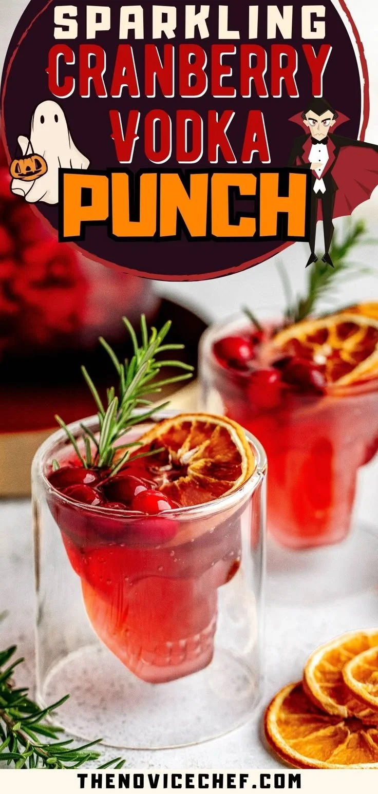 Cranberry Vodka Halloween Punch garnished with festive decor