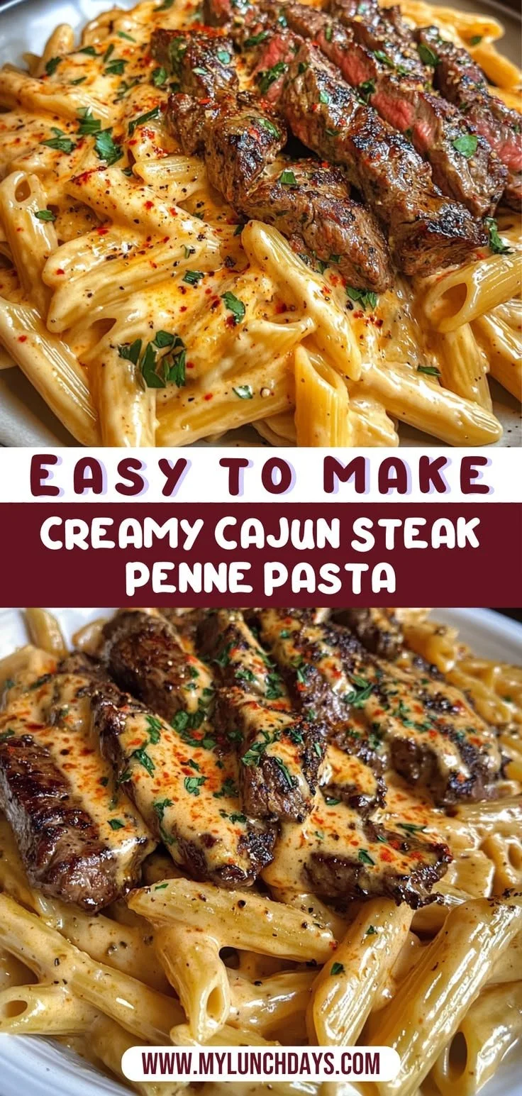 Creamy Cajun steak penne pasta with cheese sauce served in a bowl