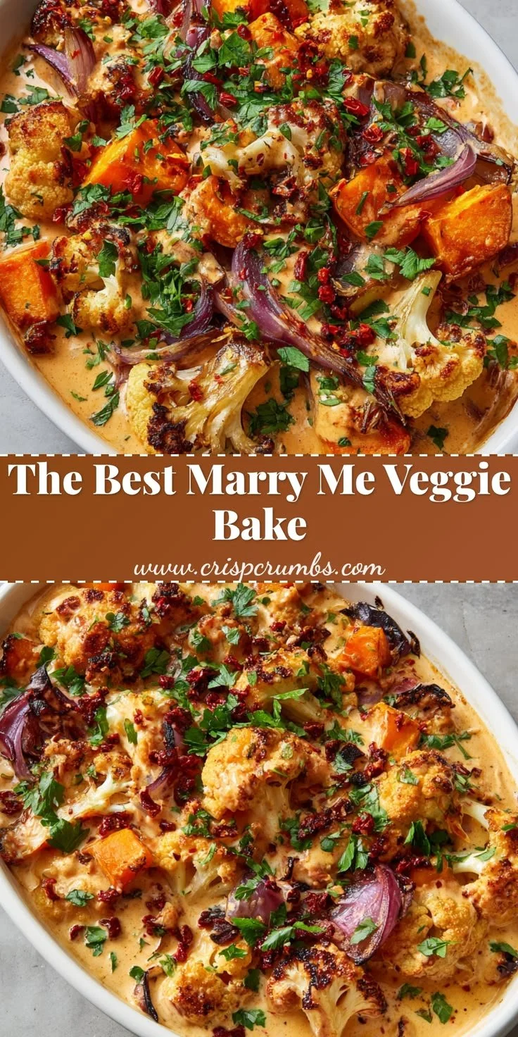 Creamy Marry Me roasted vegetable bake served in a rustic dish