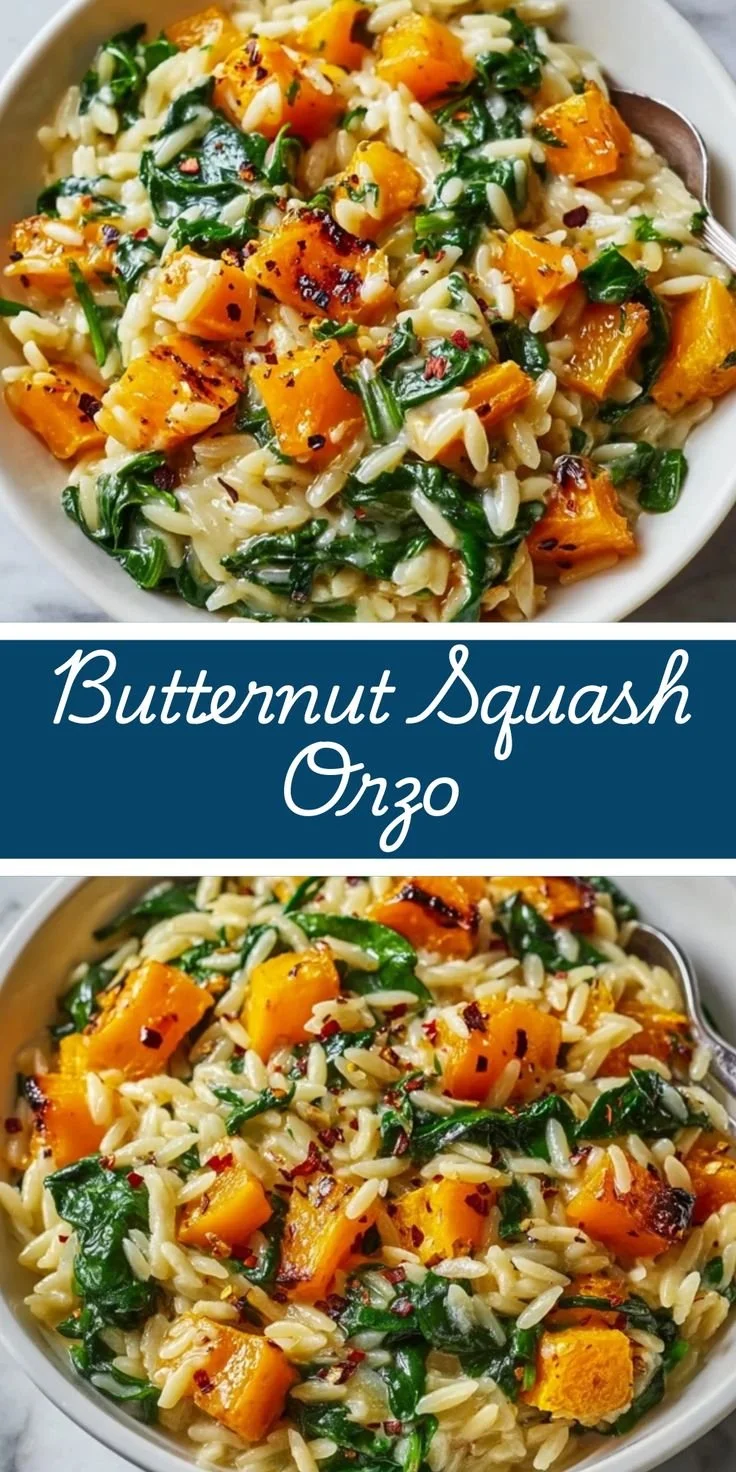 Creamy orzo dish with roasted butternut squash and fresh spinach