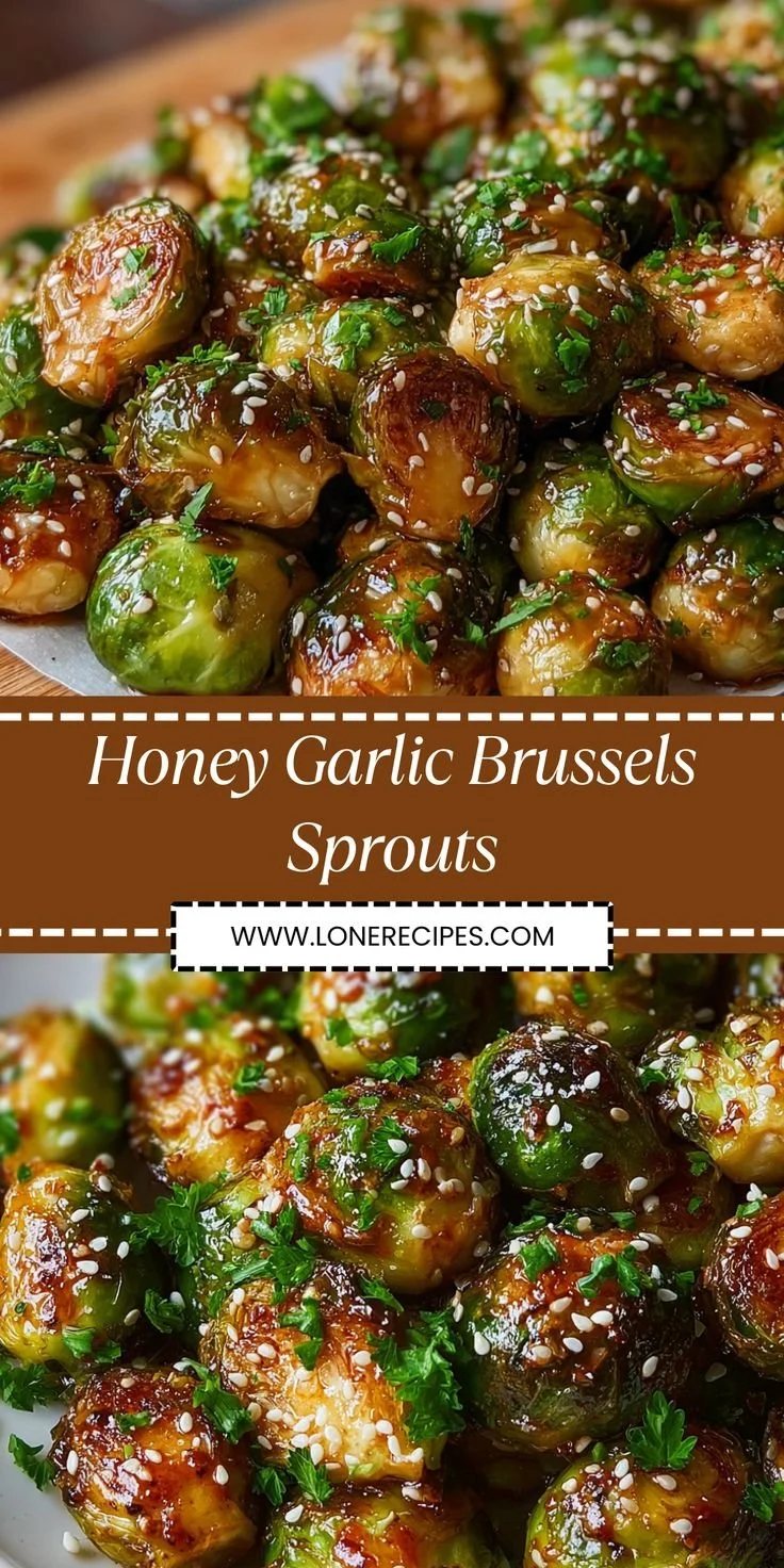 Crispy honey garlic Brussels sprouts garnished with sesame seeds and fresh herbs