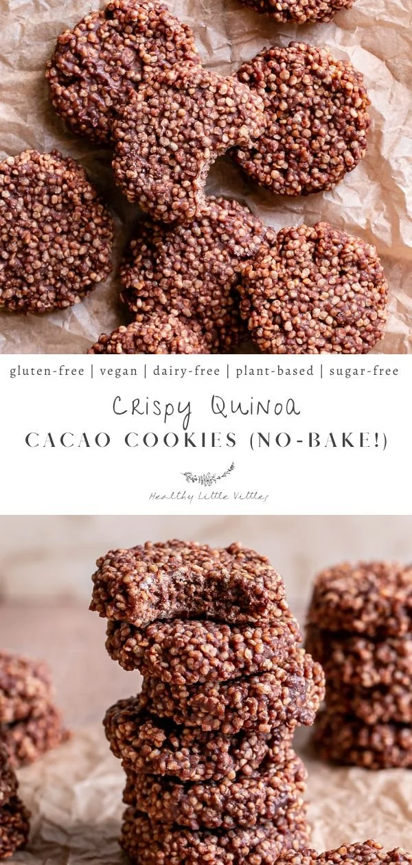Crispy quinoa cacao cookies, a healthy no-bake treat made gluten-free.