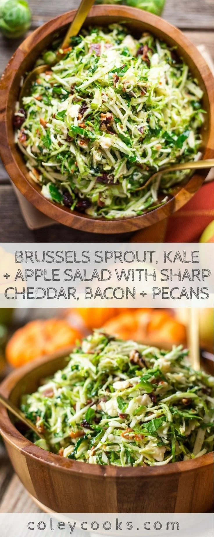 Crunchy Brussels sprout salad with kale, apple, cheddar, bacon, and pecans