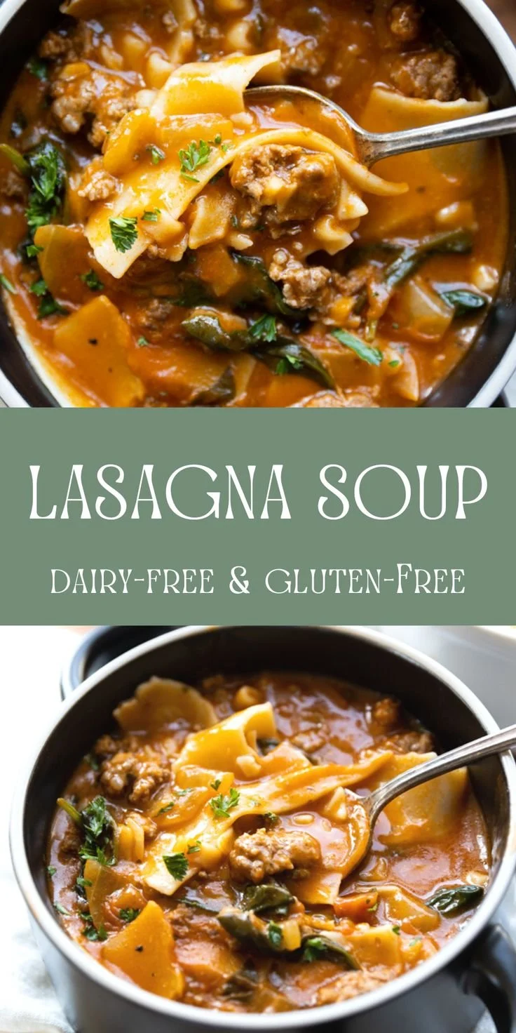 Bowl of dairy-free lasagna soup topped with fresh herbs and noodles.
