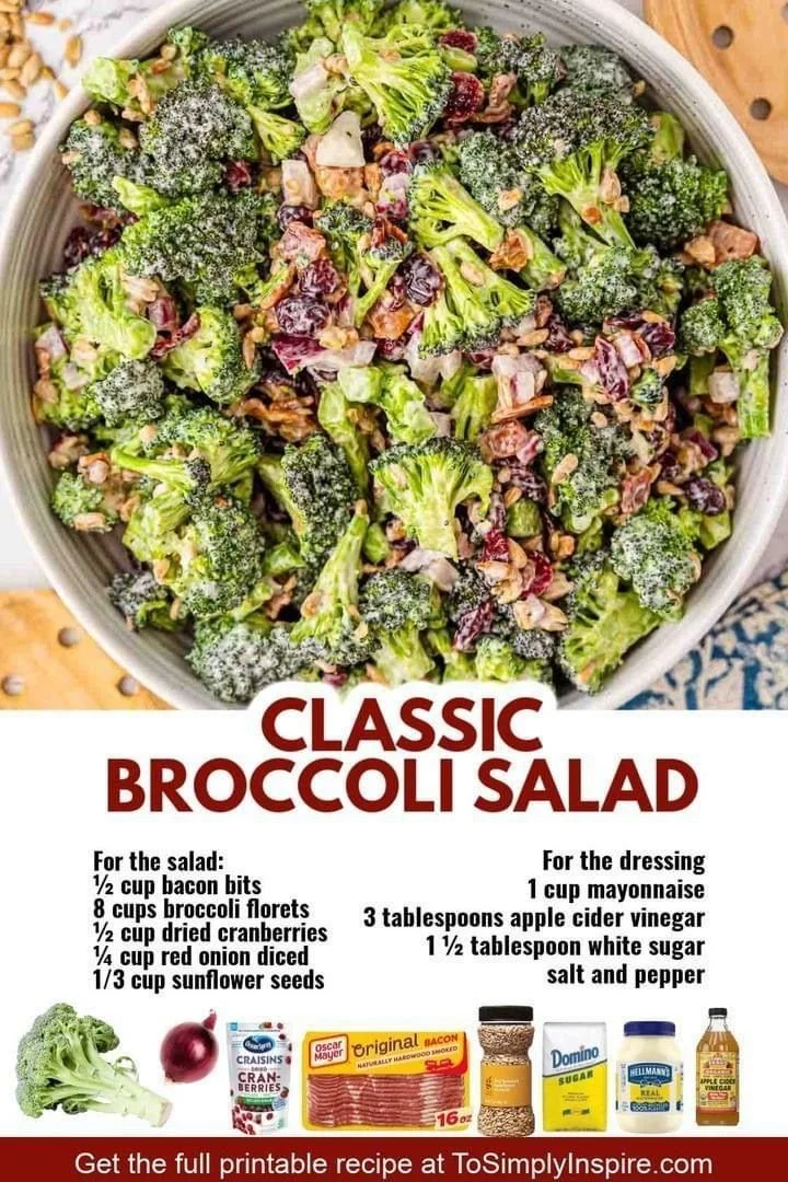 Delicious broccoli salad with bacon, cranberries, and a creamy dressing