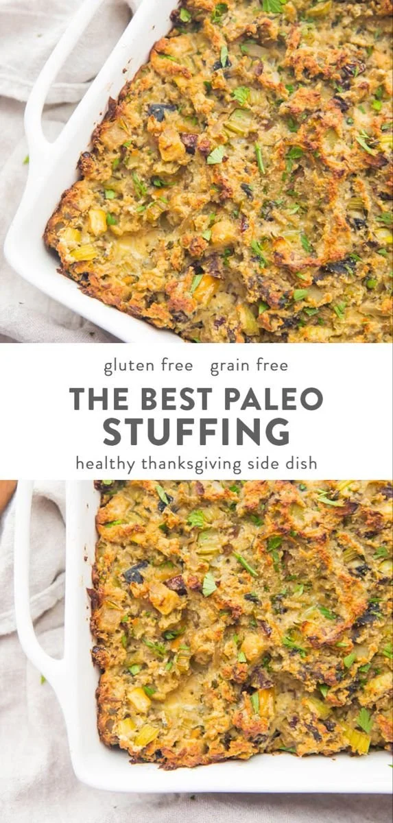 Bowl of delicious paleo stuffing made with healthy, gluten-free ingredients.