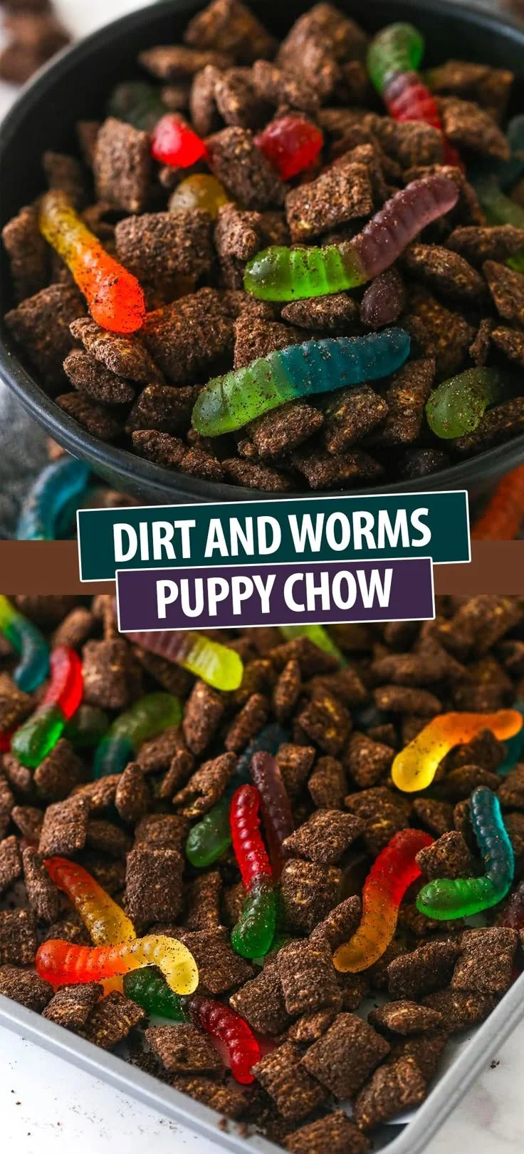 A bowl of Dirt and Worms Puppy Chow with gummy worms and chocolate cereal.