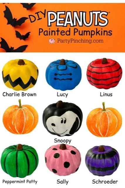 DIY Peanuts Gang painted pumpkins for Halloween decor featuring Snoopy and friends.