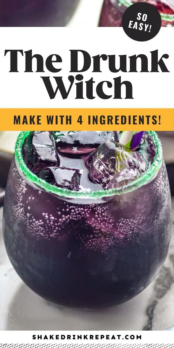 A whimsical illustration of a Drunk Witch with potions and a broomstick.