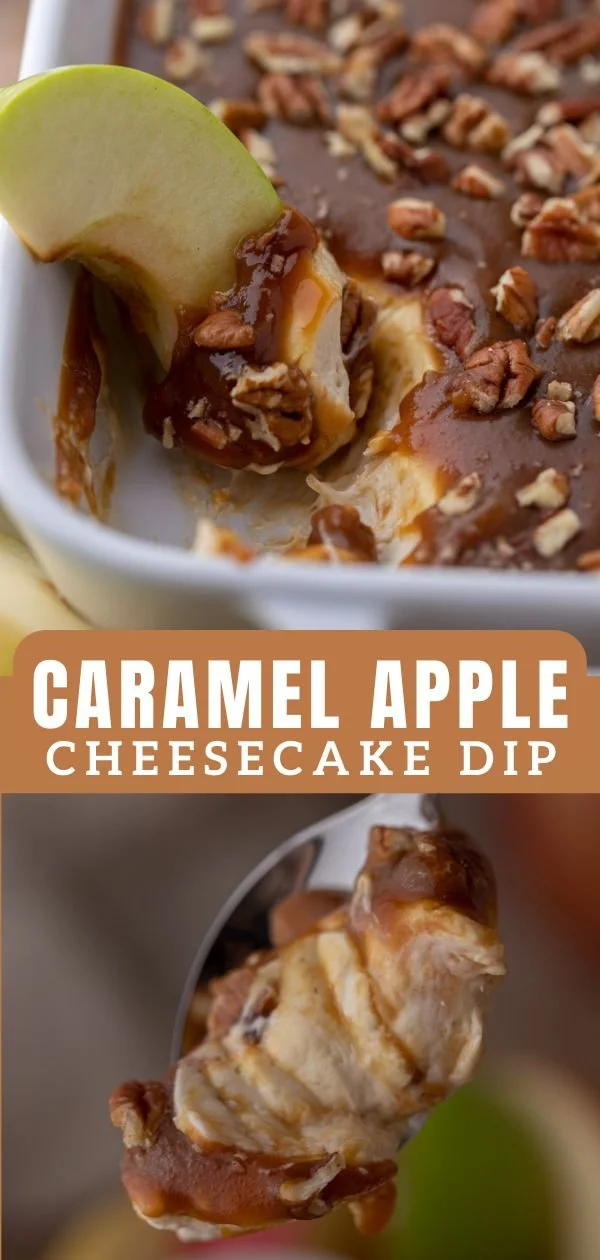 Delicious caramel apple cheesecake dip served in a bowl with apple slices