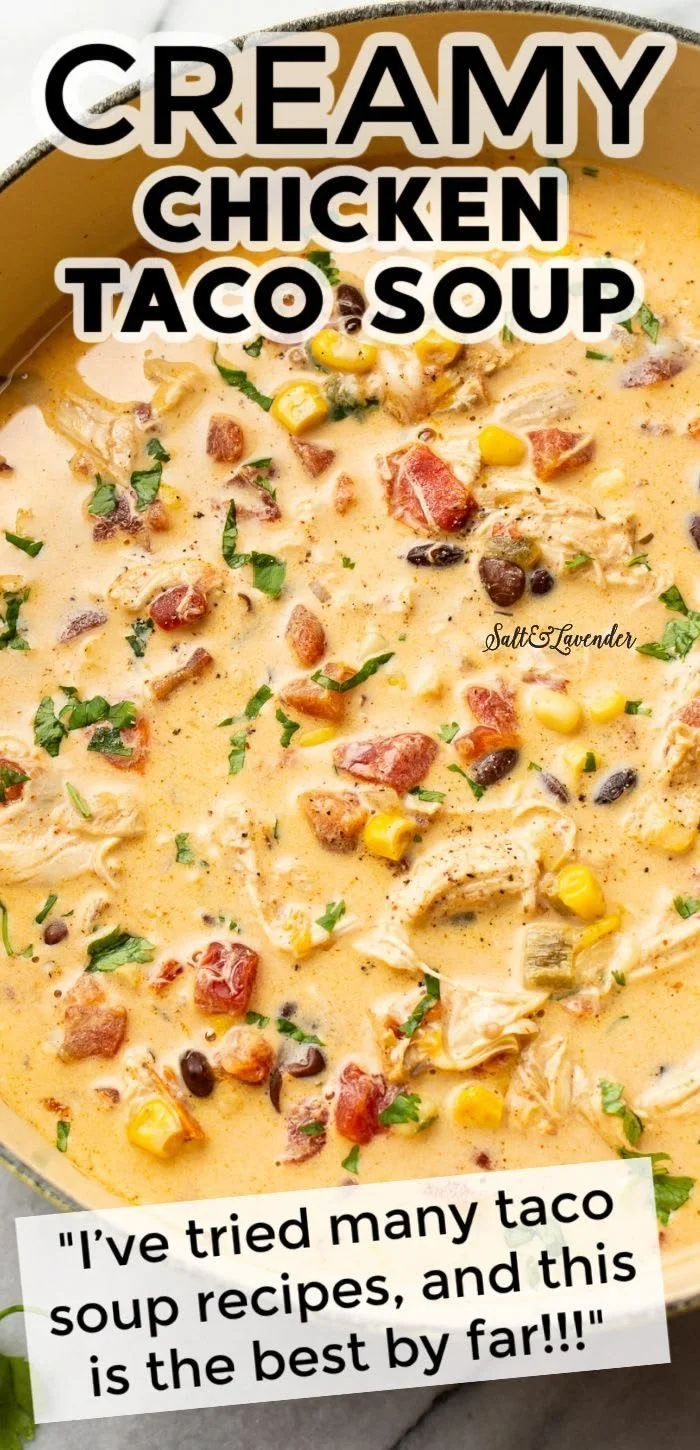 Bowl of easy chicken taco soup with toppings and fresh ingredients