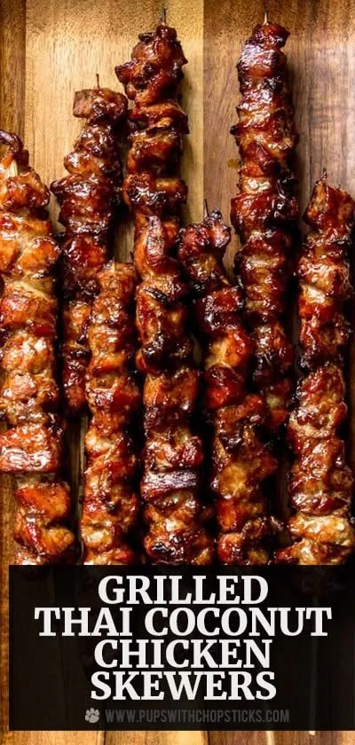Grilled Thai chicken skewers marinated in coconut milk ready for serving.