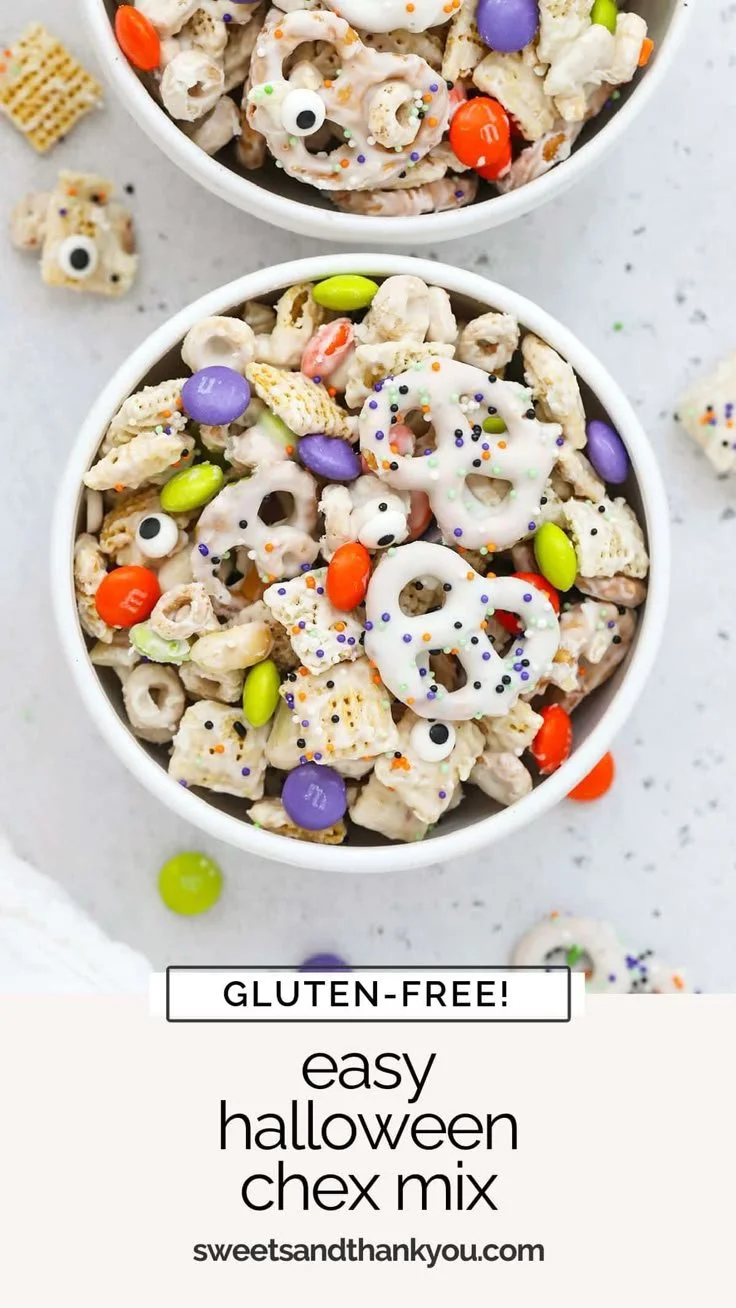 Easy gluten-free Halloween Chex Mix with festive ingredients