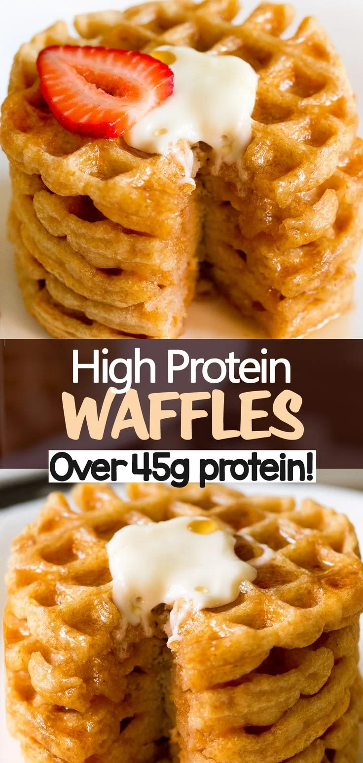 Healthy homemade protein waffles recipe with 45 grams of protein, gluten-free.