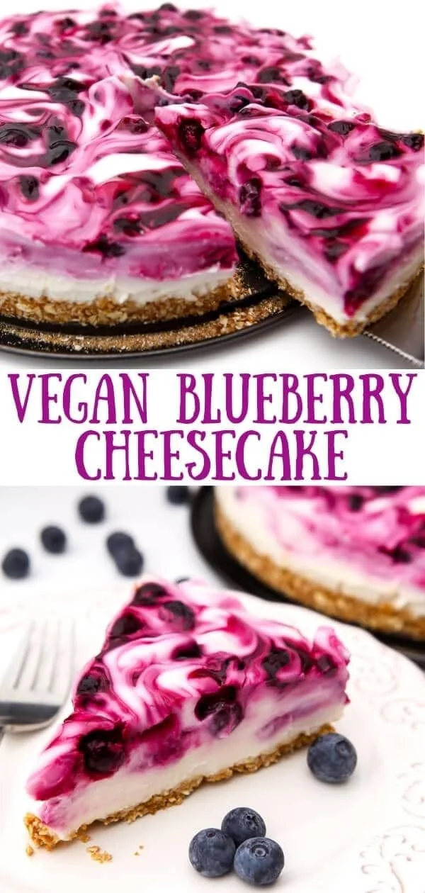 No-bake vegan blueberry cheesecake topped with fresh blueberries and oranges