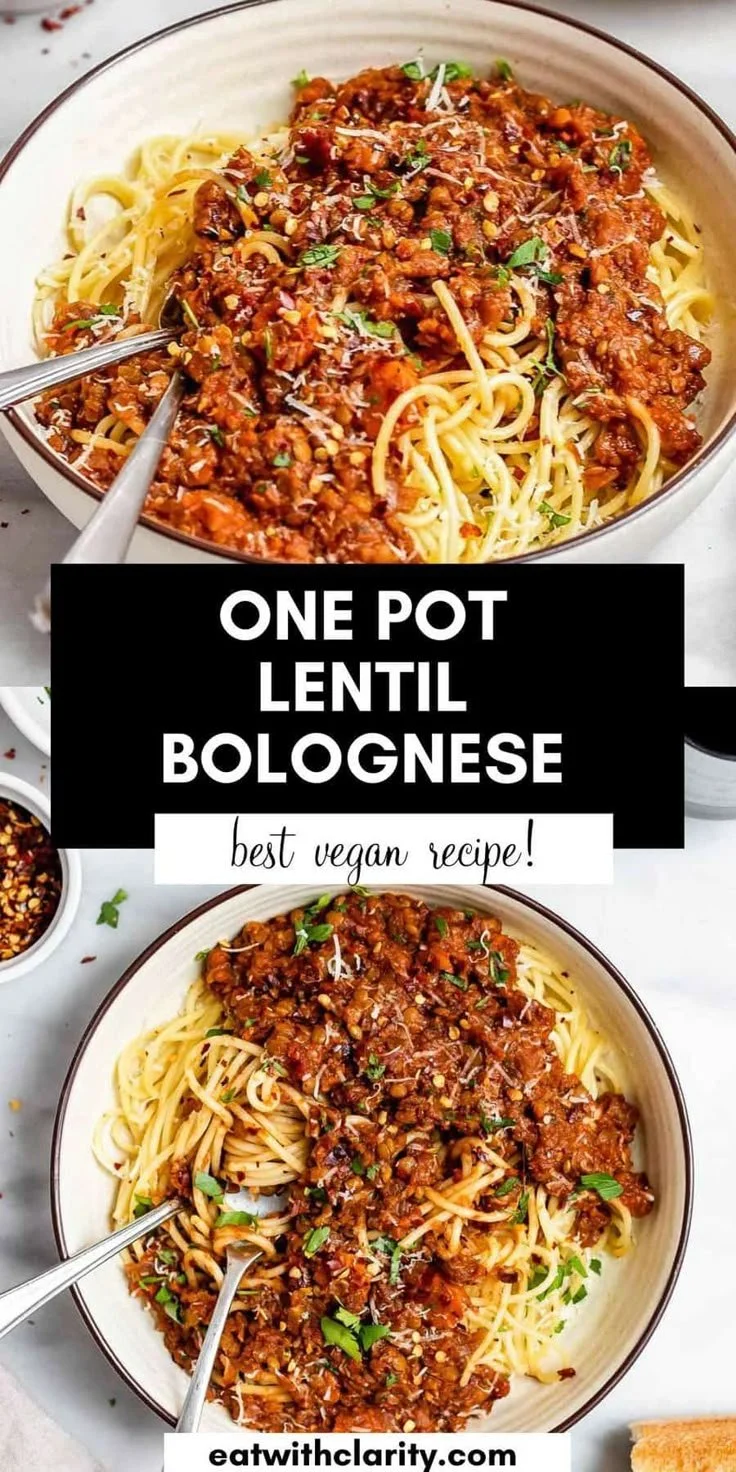Bowl of easy one pot vegan lentil bolognese topped with fresh herbs