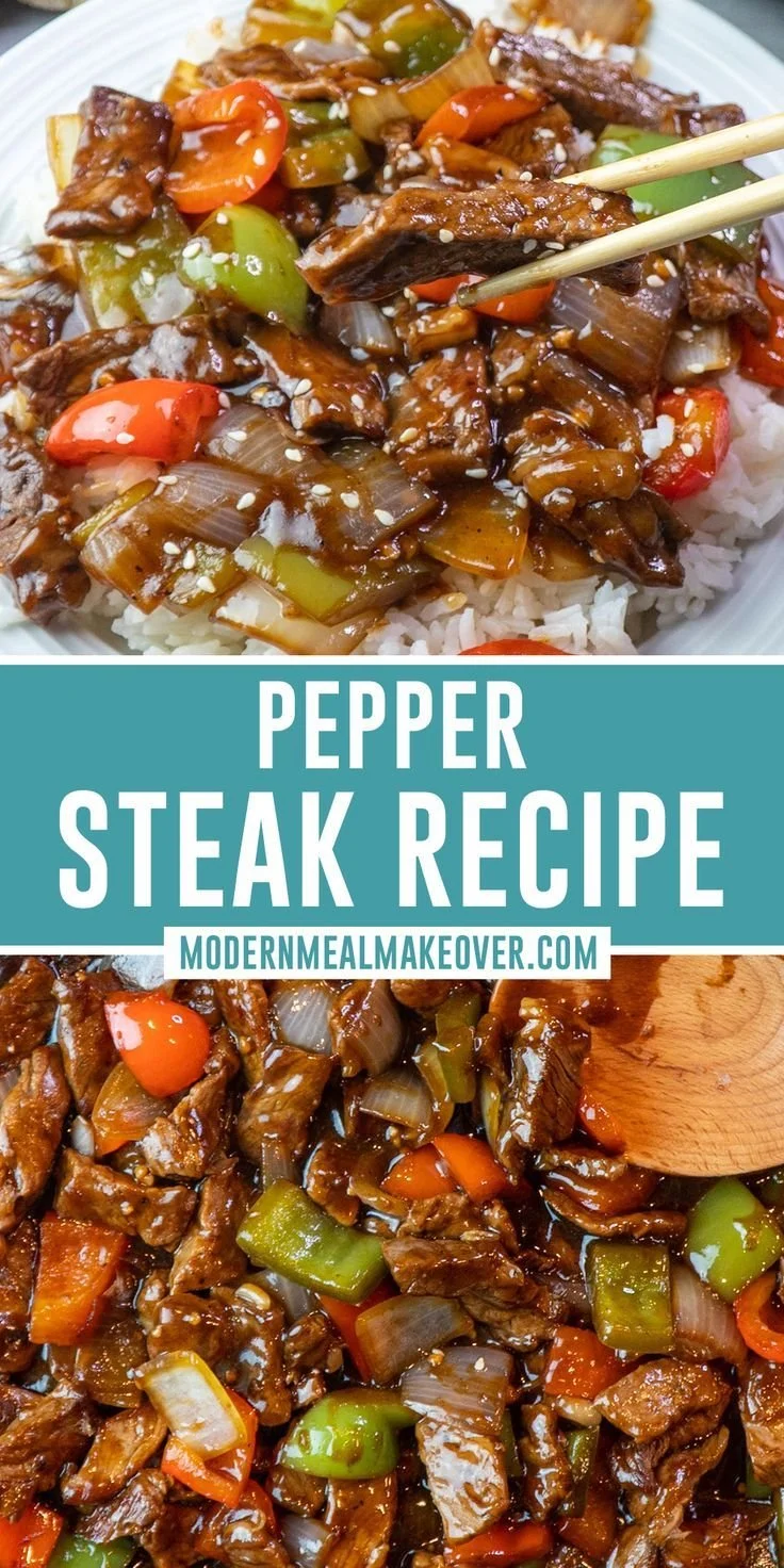 Easy pepper steak dish served with rice and vegetables