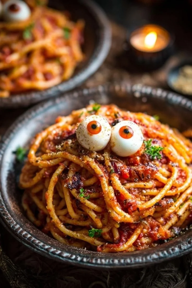 Halloween Eyeball Spaghetti dish served in a spooky theme