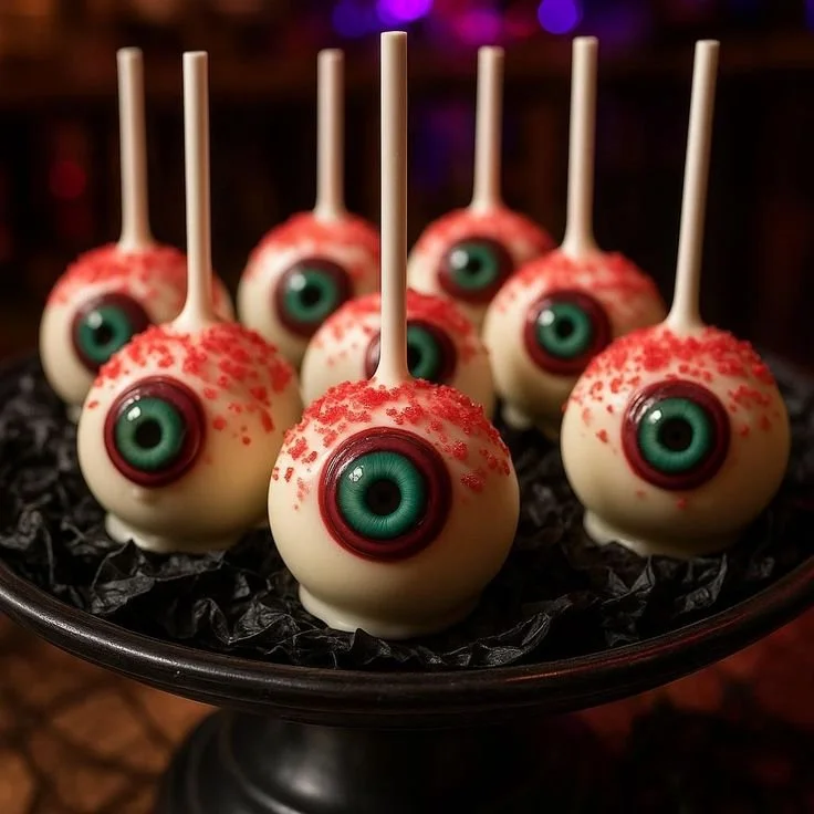 Spooky eyeball cake pops decorated for Halloween