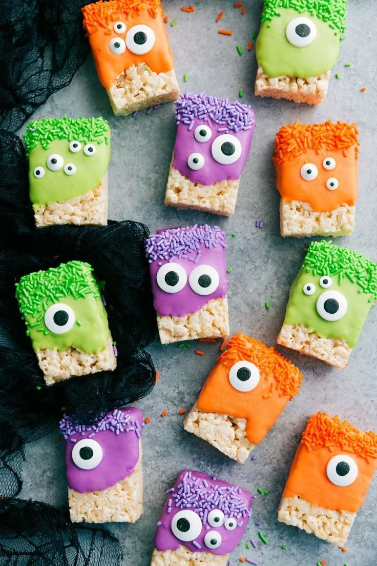 Delicious Halloween Frankenstein Rice Krispie Treats decorated for spooky fun