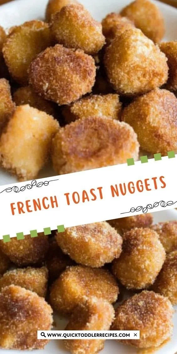 Delicious golden French Toast Nuggets served with syrup and berries
