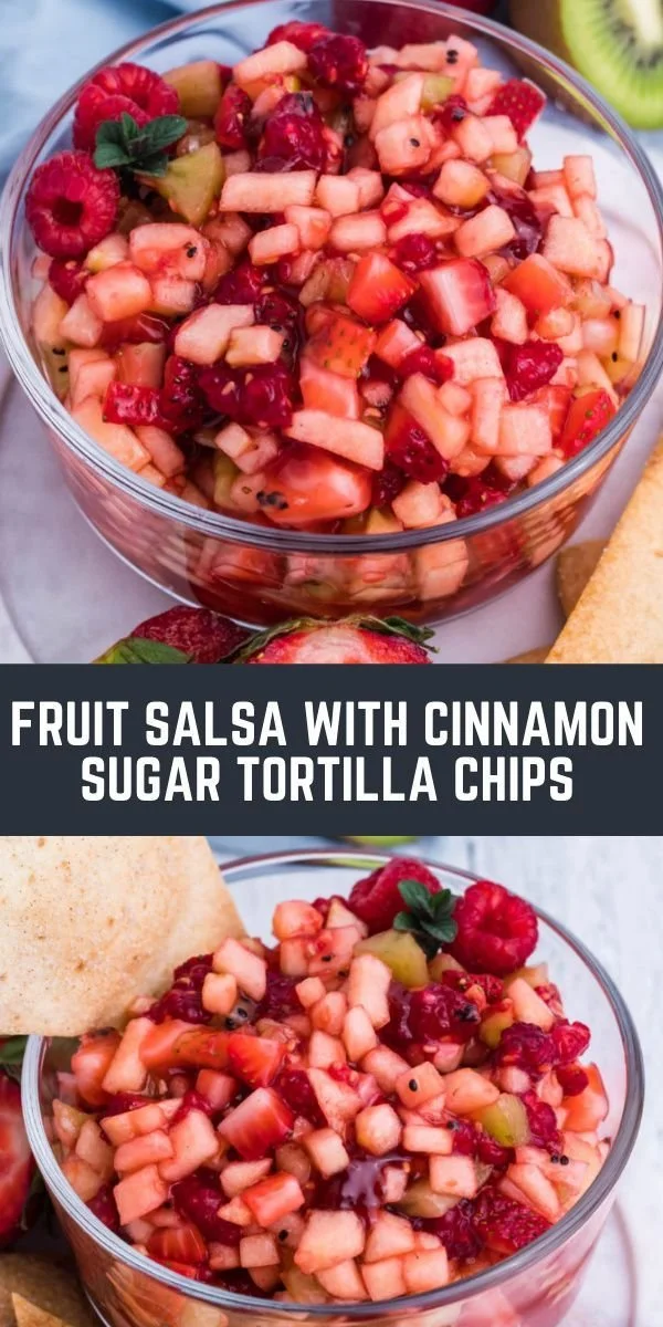 Fruit salsa served with cinnamon sugar tortilla chips in a bowl.