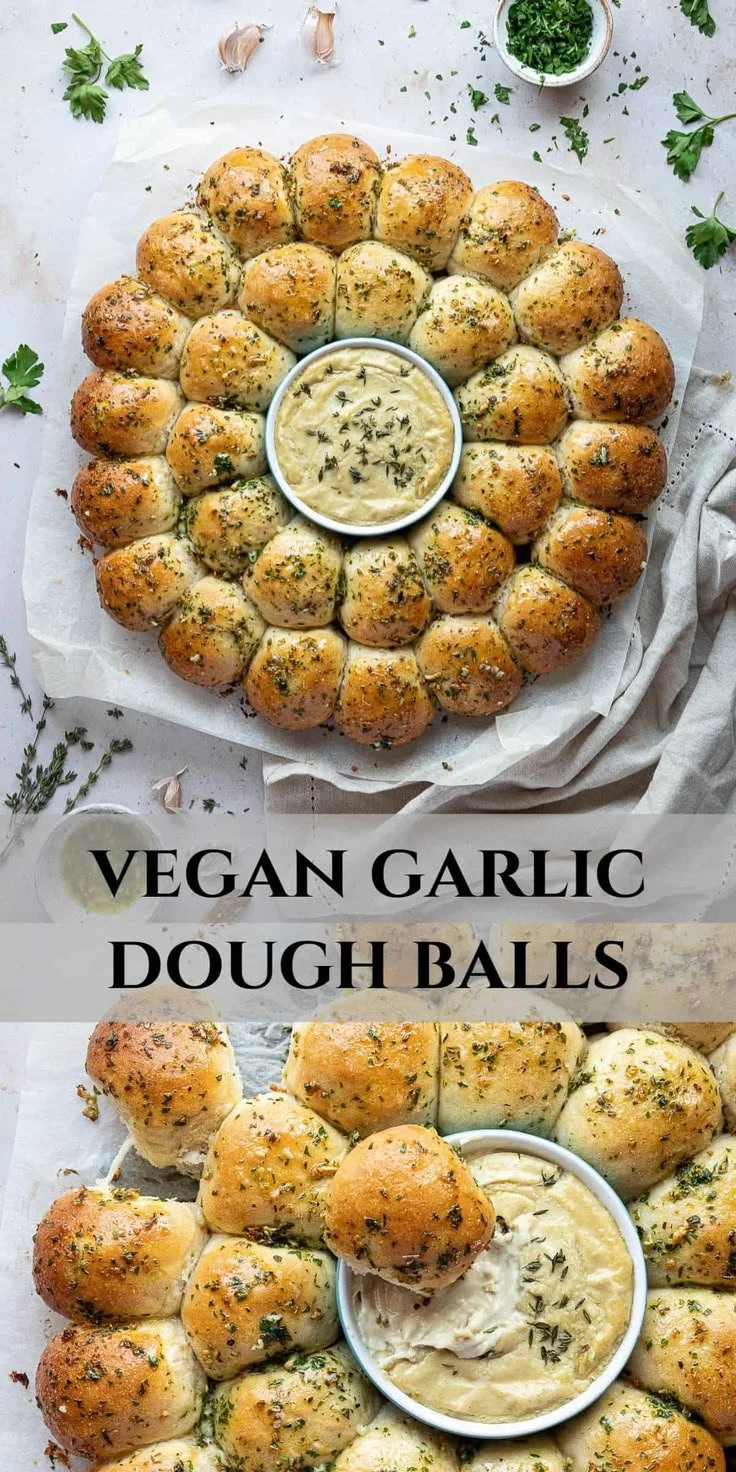 Delicious vegan Garlic Dough Balls served with cheesy cashew dip
