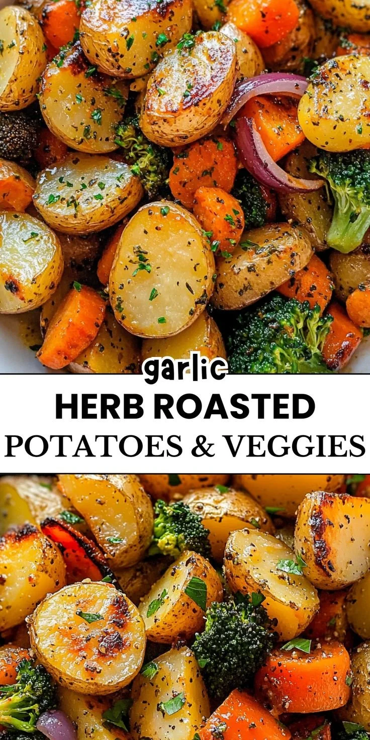 Garlic herb roasted potatoes and veggies on a serving platter
