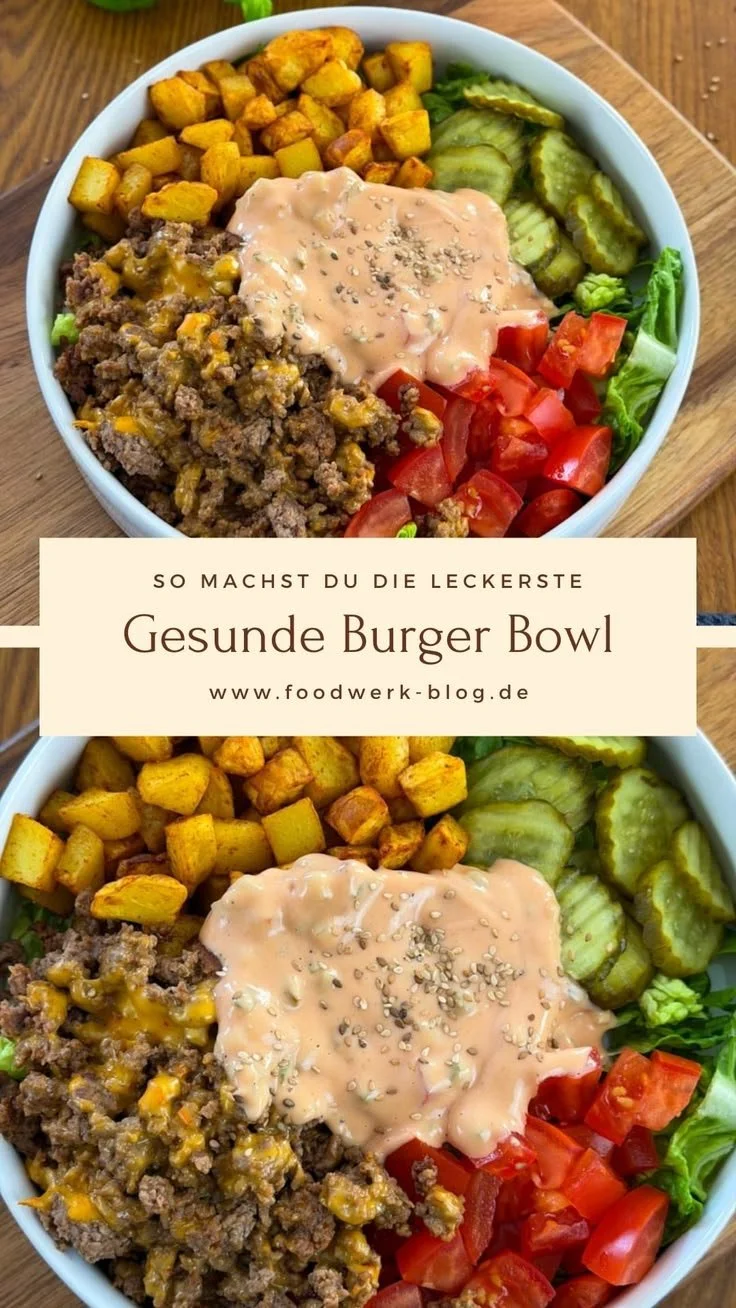 Colorful and healthy Burger Bowl with fresh vegetables and lean protein.