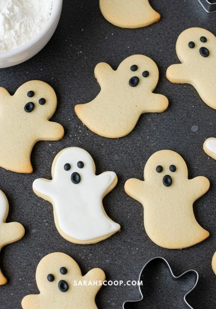 Delicious ghost-shaped sugar cookies decorated for Halloween