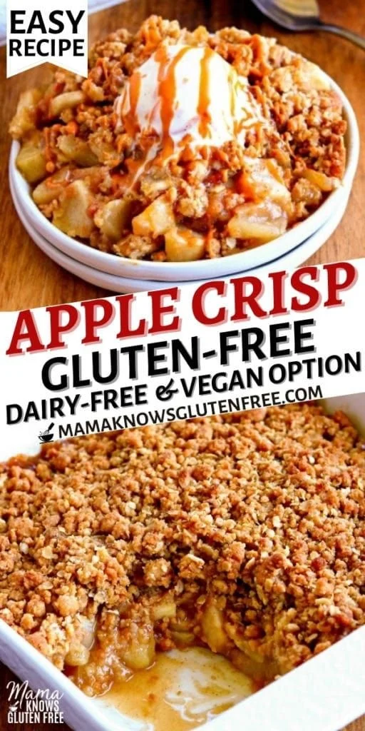 Gluten-free apple crisp topped with a crunchy oat crumble in a baking dish