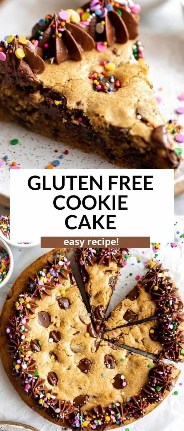 Delicious gluten free cookie cake topped with chocolate chips and sprinkles