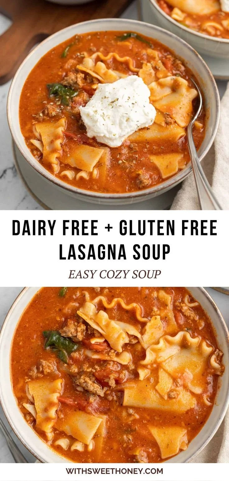 Bowl of gluten free lasagna soup with fresh basil and melted cheese